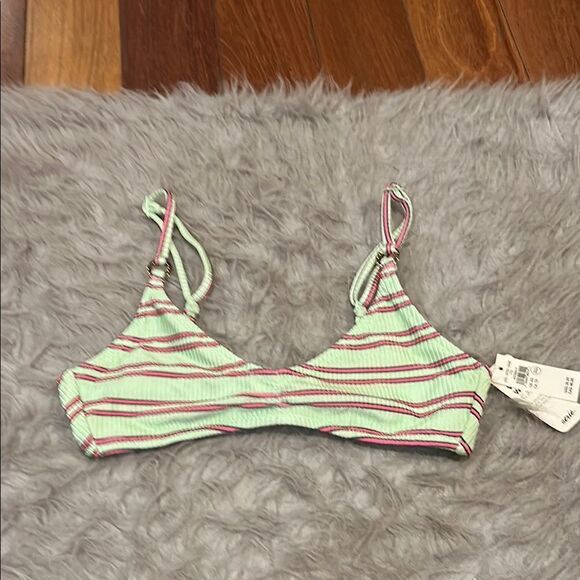 NWT aerie scoop green and pink stripped shimmer swimsuit top - Picture 1 of 7
